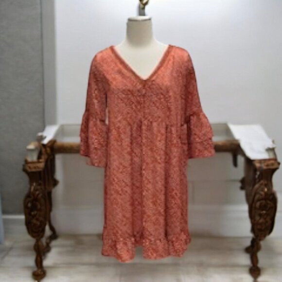 Jodifl Orange Boho Bell Sleeve Ruffle Hem Mini Dress S  Retro Festival Prairie - Picture 1 of 10